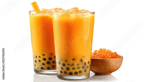 Iced papaya bubble tea with tapioca pearls, isolated for fresh visuals on a white background.