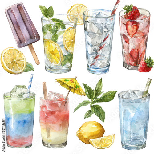Refreshing summer cocktails watercolor illustration with lemon strawberry mint ice cubes and popsicle perfect for summer drinks menu design or beverage on transparent background cold food