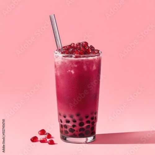 Iced pomegranate bubble tea served with a straw, presented in a sleek and clean style for refreshment.