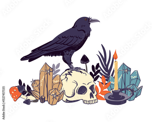 Black raven standing on a human skull. Vector illustration for Halloween. Witch's familiar, magical totem animal, guide to the afterlife. Symbol of death, witchcraft, mysticism and alchemy. Magic item