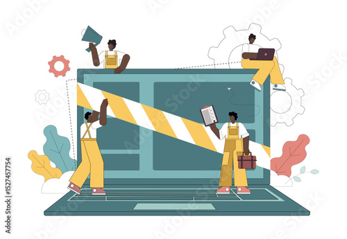 Website under construction page. People repairing a laptop. Software update. Repair.