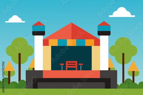 Cartoon vector illustration of a cozy country house and farm in a summer landscape with trees, sky, and grass