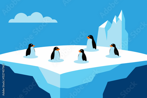 Penguins on ice in a vast Antarctic winter landscape