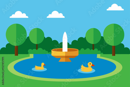 Vibrant cartoon summer landscape vector illustration featuring trees, clouds, sun, green grass, and a distant mountain and lake