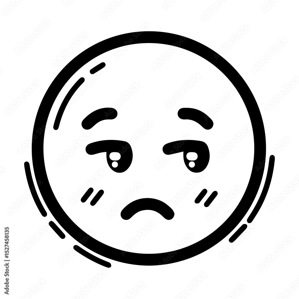 Fototapeta premium Outline style drawing of a circular emoji with eyes looking to the side and a slightly curved mouth, conveying skepticism or judgment. Representation of a side eye, concepts related to emotion