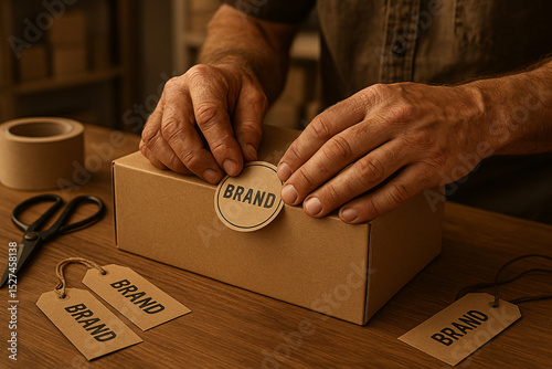 Product Assembly – Male Hands Sealing Custom Packaging with Logo Sticker on Kraft Box