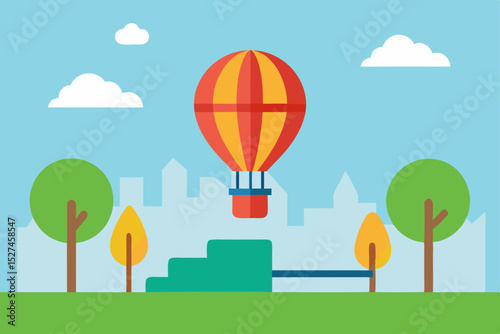 Colorful hot air balloons float across a summer sky, dotting the vibrant green landscape