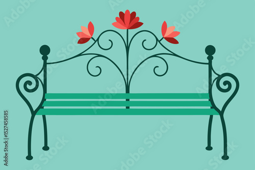 A beautiful park bench adorned with spring flowers, perfect for a romantic nature design or a heartfelt Valentine's Day card illustration
