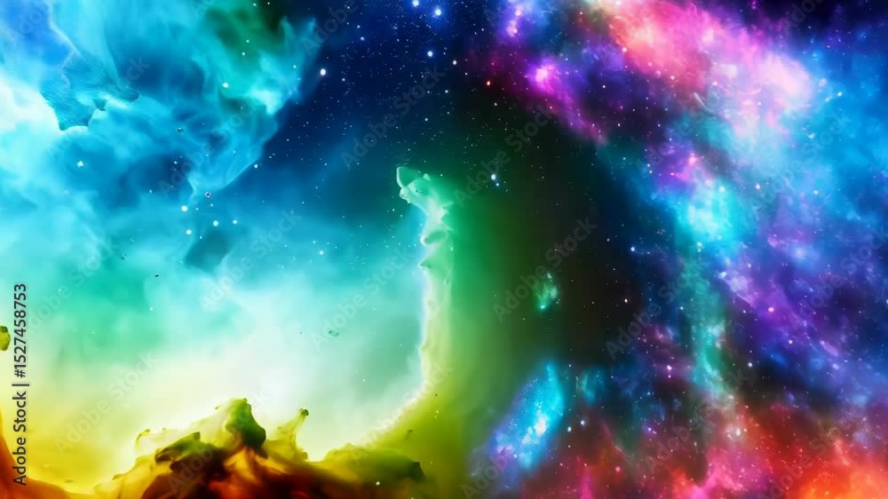 Colorful cosmic nebula with swirling gas clouds and bright stars in deep space, abstract science fiction background with vibrant hues.