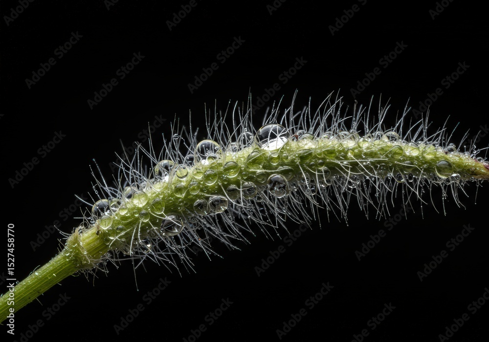 Fototapeta premium Green plant leaf with spikelets covered in dew drops under macro photography. Nature's water droplets on grass.