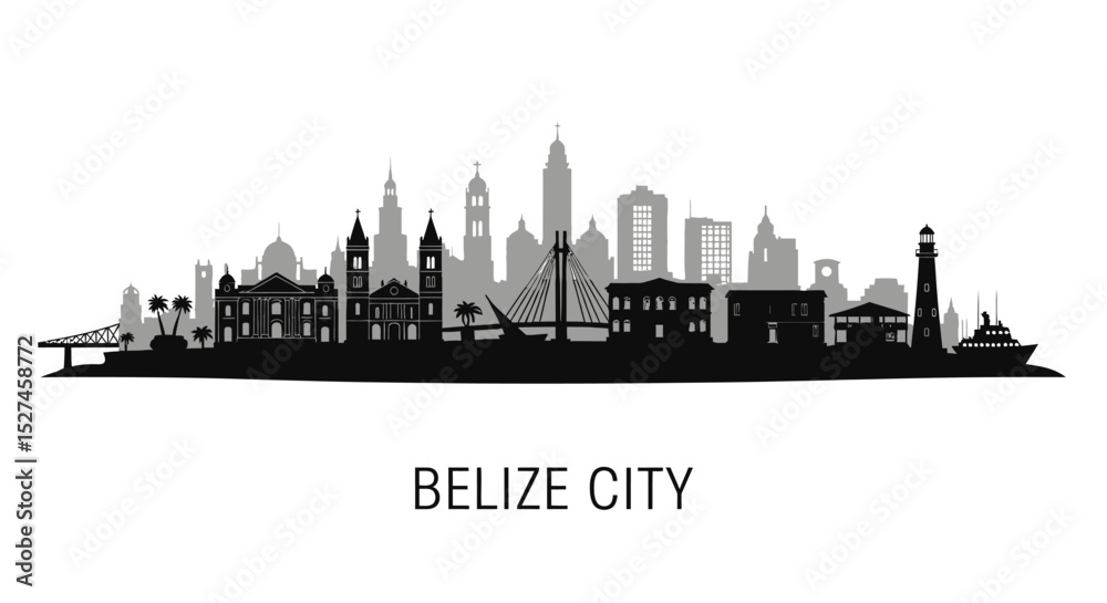 Belize City Skyline with Silhouette, and Landmark.