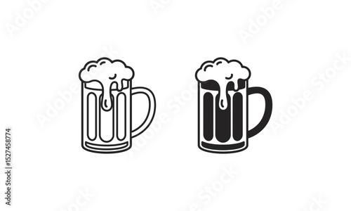 Beer Mug Outline and Silhouette Vector Illustration with Foam