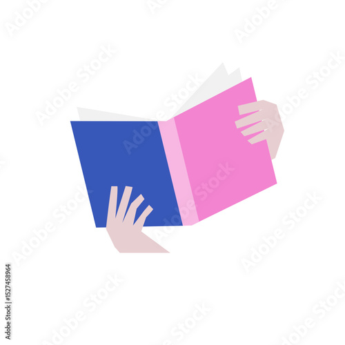 hands of a reader holding an open book. education concept in modern bold style