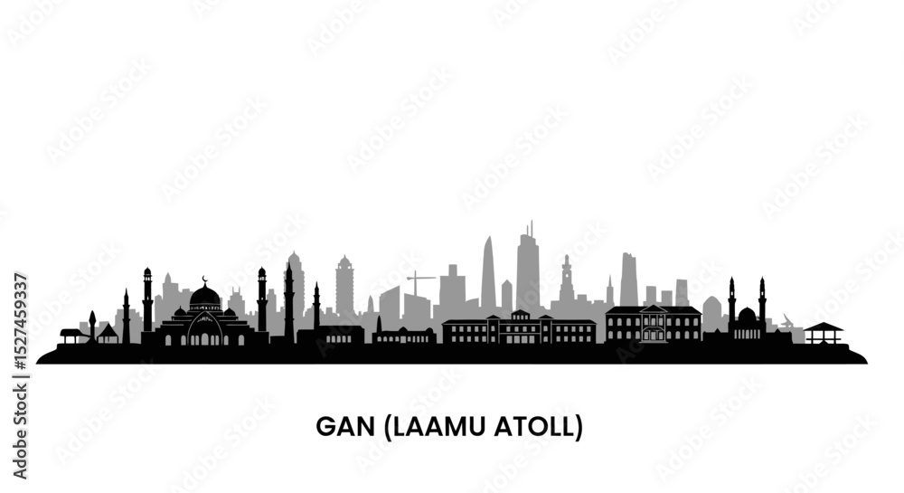 Obraz premium Gan Maldives Skyline Silhouette Black Vector.