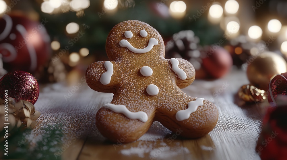 A cheerful gingerbread man smiling amid Christmas ornaments spreading holiday joy on a snowy wooden A cheerful gingerbread man smiling amid Christmas ornaments spreading holiday joy on a snowy wooden
