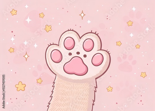 Cute kawaii cartoon soft cat paw vector illustration on pastel pink background with sparkles. Fluffy cat paw. Hand drawn doodle illustration template