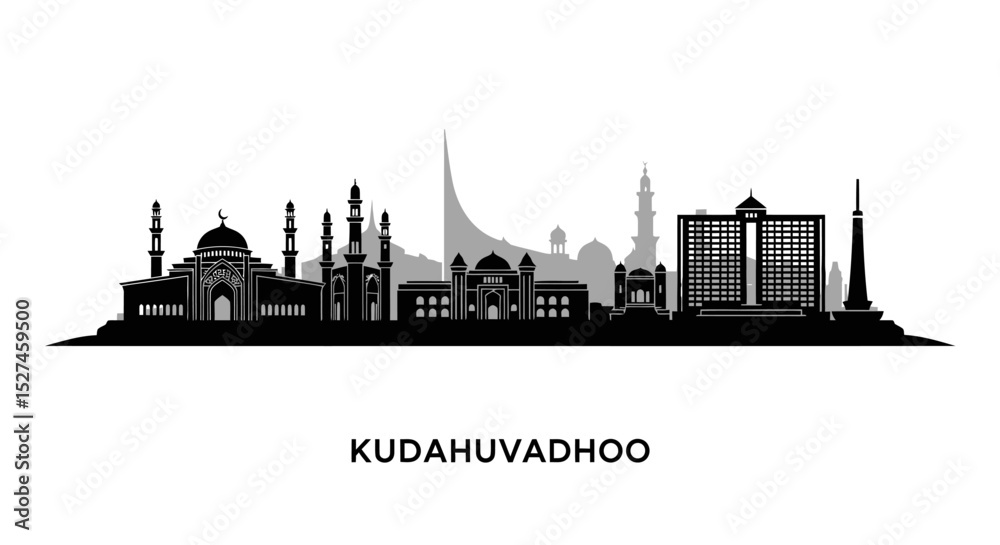Obraz premium Kudahuvadhoo Skyline Silhouette with Maldives.