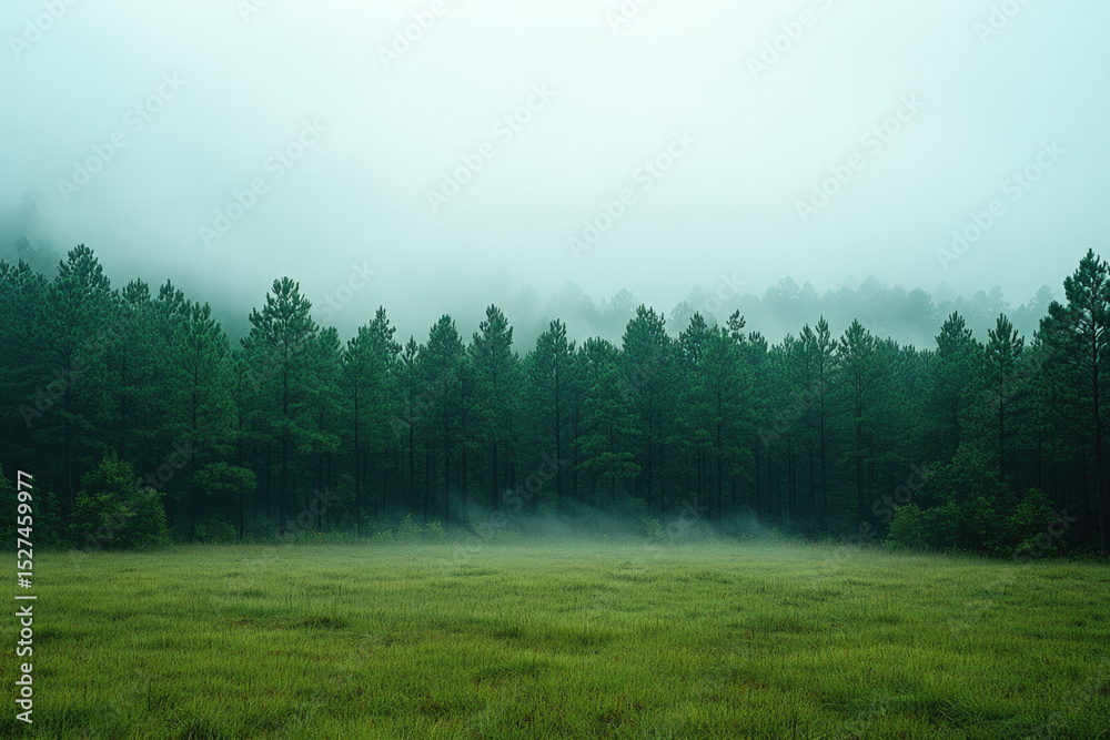 Fototapeta premium The Serene Transition from Forest Pines to Open Field in Fog