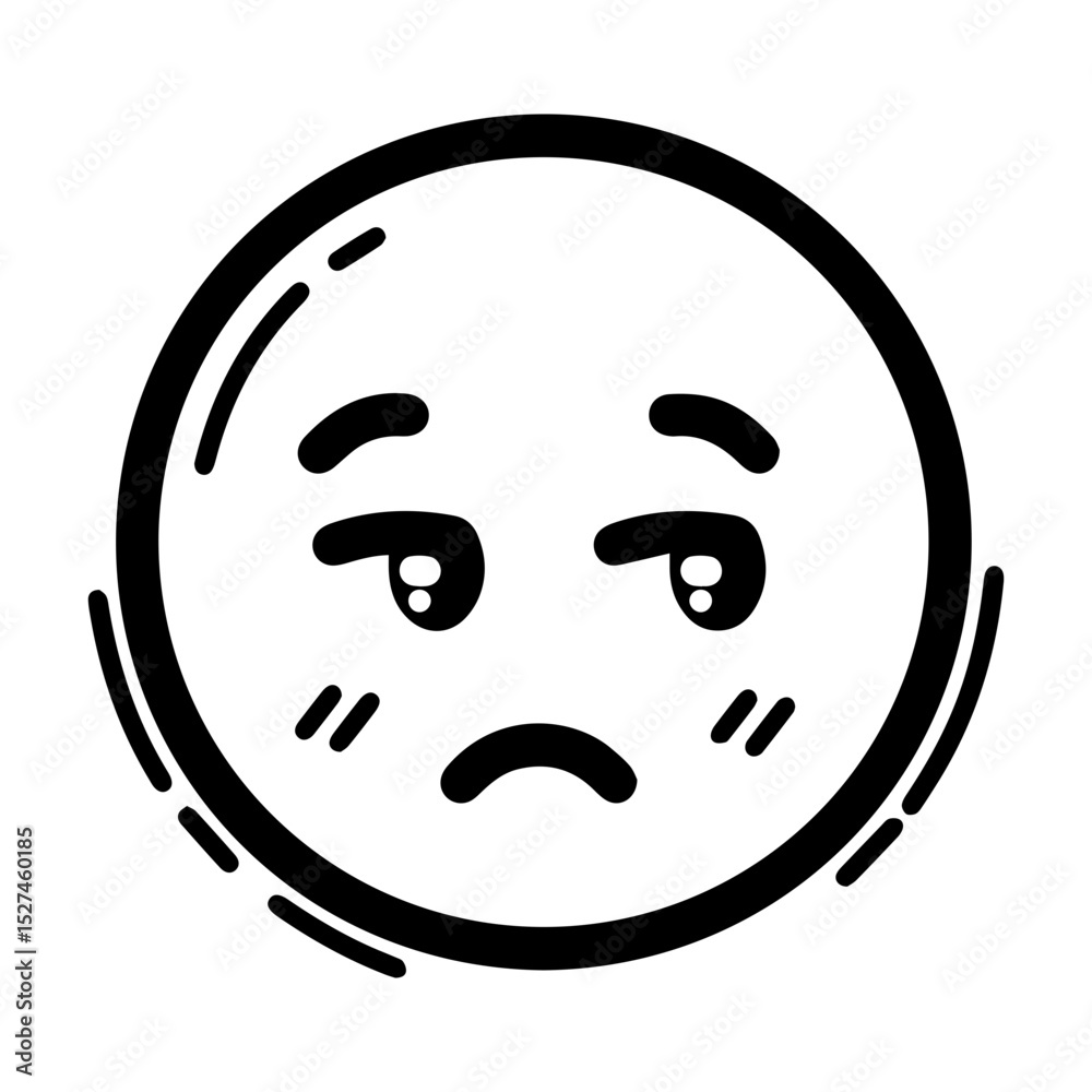 Fototapeta premium Outline style drawing of a circular emoji with eyes looking to the side and a slightly curved mouth, conveying skepticism or judgment. Representation of a side eye, concepts related to emotion