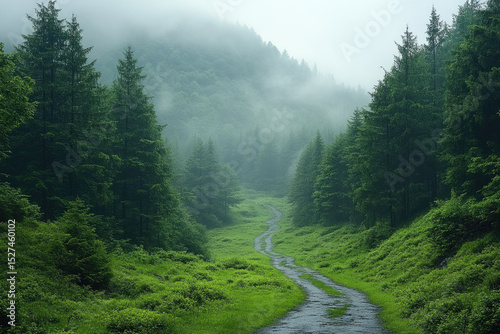 Tall Pines Bordering a Dark, Foggy Forest and Grassy Plains
