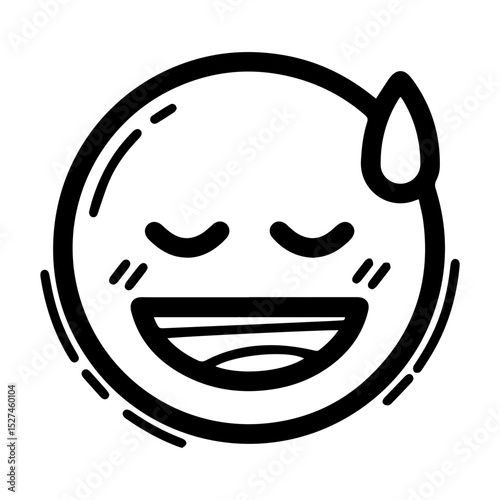 Outline style of a circular emoji with closed eyes and an open-mouthed grin, accompanied by a single sweat droplet, conveying an awkward or embarrassed smile. Represents sheepish, discomfort
