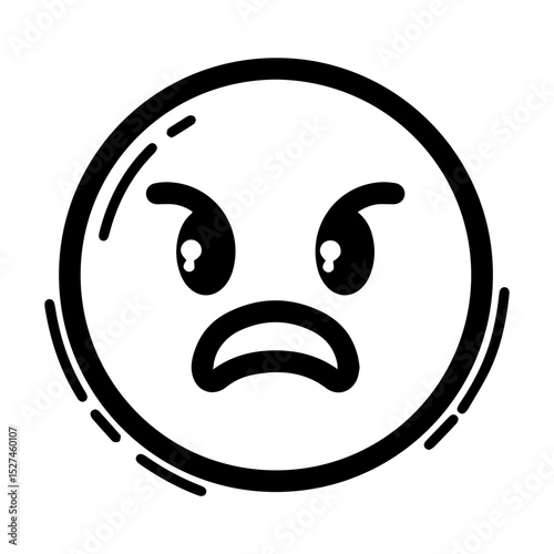 Outline style drawing of a circular emoji with angry, furrowed eyebrows, wide eyes, and a downward-curving mouth, conveying intense anger or rage. Represents furious, frustration, irritation