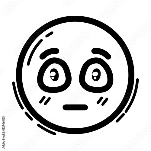 Outline style drawing of a circular emoji with wide eyes and flat line for a mouth, along with two small cheek blushes, conveying embarrassment or awkwardness. Concepts related to shyness, discomfort