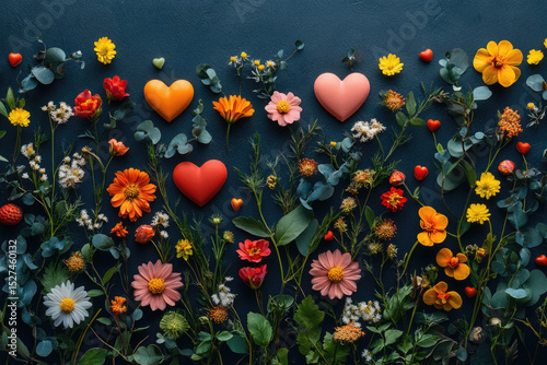 Colorful Hearts and Floral Elements on a Deep Navy Blue Canvas