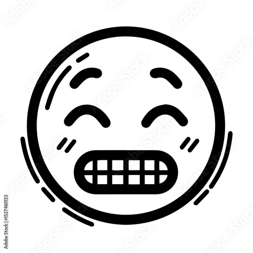 Outline style drawing of a circular emoji with a wide grinning mouth revealing clenched teeth, conveying intense happiness or excitement. Represents beaming, joy, triumph, hearty laugh, communication