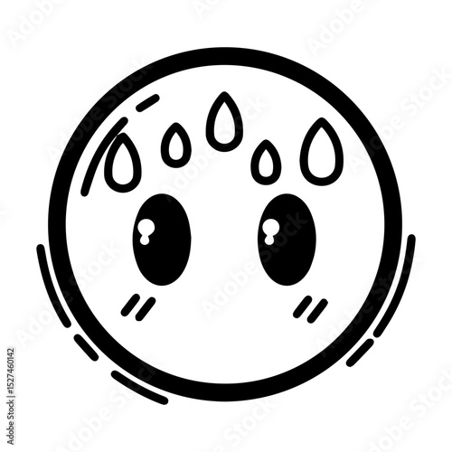 Outline style drawing of a circular emoji with wide, fearful eyes and several sweat droplets indicating nervousness or anxiety. Concepts related to emotion, nervousness, anxiety, fear, stress