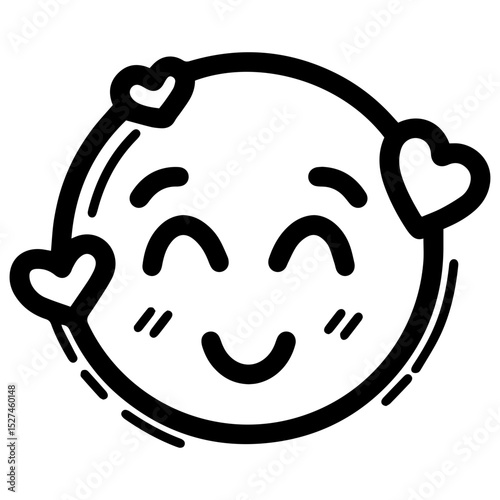 Outline style drawing of a circular emoji with a happy smile, surrounded by three floating hearts, conveying a feeling of being loved or adoration. Representation of love-struck, happiness, affection