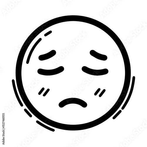 Outline style drawing of a circular emoji with downturned eyes and a sad, downturned mouth, conveying sadness or disappointment. Concepts related to emotion, melancholy, sorrow, dejection, displeasure