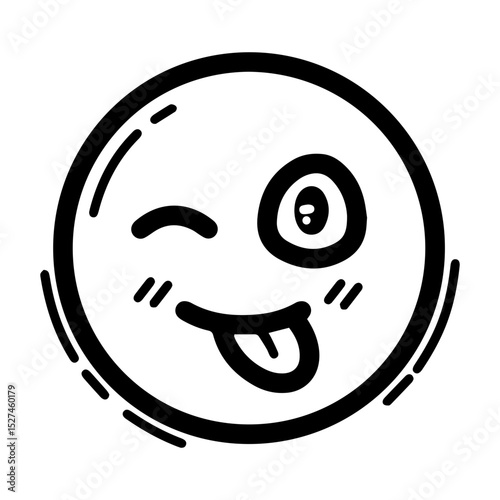 Outline style drawing of a circular emoji winking with one eye and sticking its tongue out, conveying playfulness or silliness. Concepts related to emotion, humor, playfulness, communication