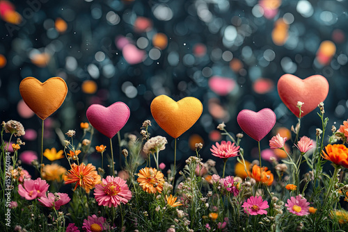 A Playful Arrangement of Hearts and Flowers on Dark Blue Background