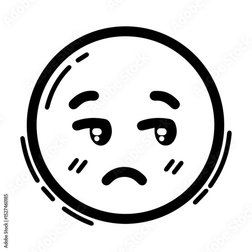 Outline style drawing of a circular emoji with eyes looking to the side and a slightly curved mouth, conveying skepticism or judgment. Representation of a side eye, concepts related to emotion