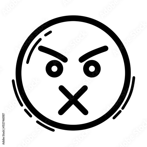 Outline style drawing of a circular emoji with angry, furrowed eyebrows, open eyes, and a bold X mark over its mouth, conveying silence or a refusal to speak. Representation of a sealed mouth, silent