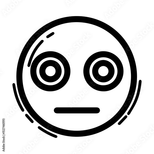 Outline style drawing of a circular emoji with wide, blank eyes and a flat line for a mouth, conveying a stunned or expressionless state. Concepts related to emotion, bewilderment, surprise, reaction