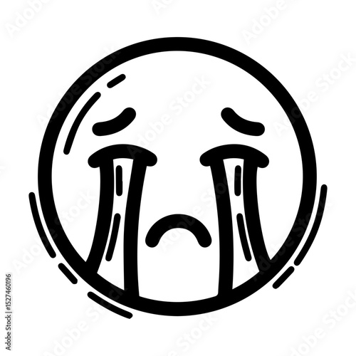 Outline drawing of a circular emoji with downturned eyebrows, a sad mouth, and prominent streams of tears flowing from its eyes. Concepts related to emotion, sadness, crying, empathy, disappointment