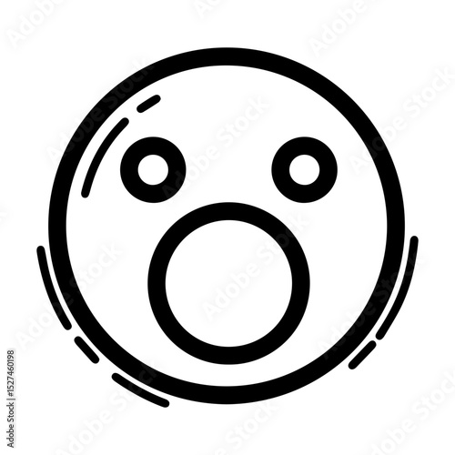 Outline drawing of a circular emoji face with wide open eyes and an open mouth, conveying surprise or shock. Concepts related to emotion, surprise, reaction, communication, digital expression