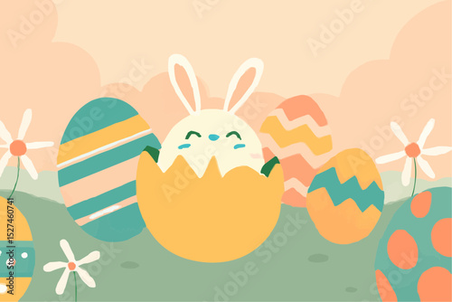 A pastel Easter scene with a smiling bunny hatching from an egg, surrounded by colorful decorated eggs and flowers.