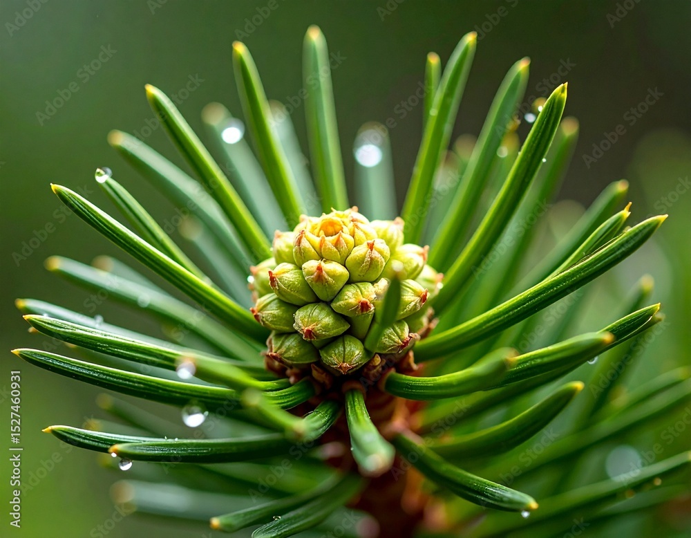 Fototapeta premium An ultra-detailed macro photograph of a single pine cone resting on a bed of frost-covered pine needles image