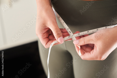 Woman in leggings measuring her waist with tape measure