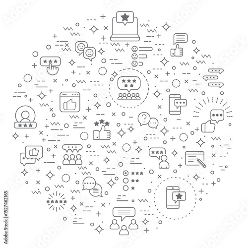 Simple Set of Review And feedback Related Vector Line Illustration. Contains such Icons as customer, rating, star rating, chat, testimonials, survey, support, communication, sign And Other Elements.