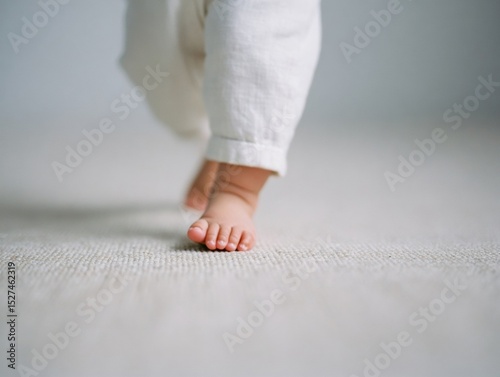 Baby taking first steps on carpet: learning to walk photo