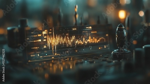 Futuristic dashboard with glowing data visualizations, detailed controls, and a focus on audio waveforms
