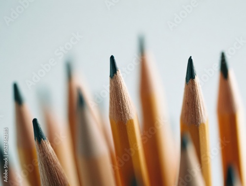 Close-up of sharpened pencil tips on white background photo