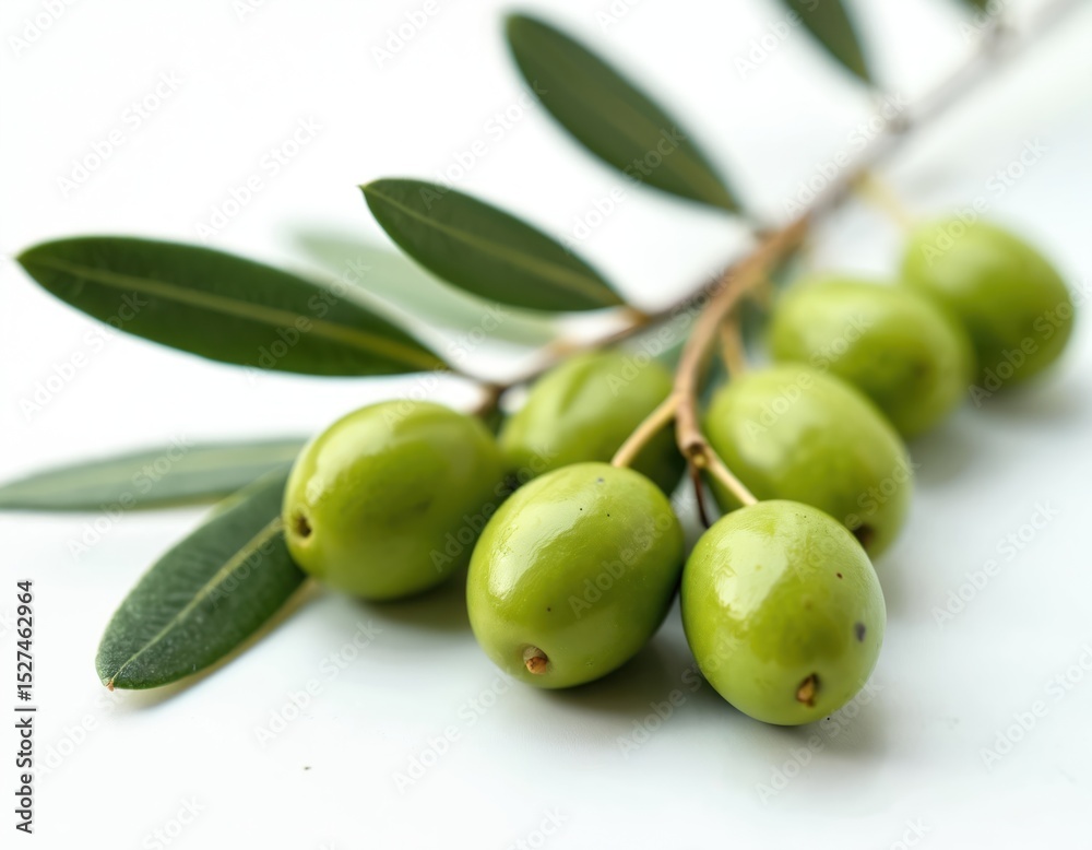 Obraz premium Fresh olive branch with green olives. Smooth texture, vibrant color against white background. Mediterranean food ingredients for cooking healthy organic vegetarian meals. Harvest, culinary, nutrition
