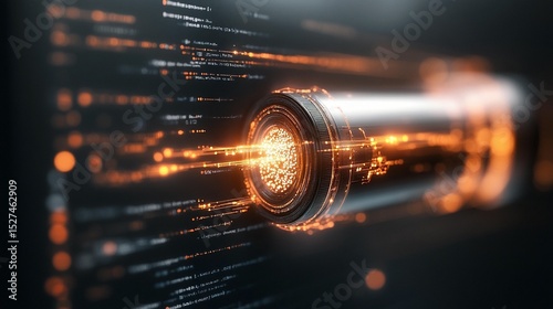 Futuristic, metallic cylinder with glowing inner core, surrounded by digital code and light trails