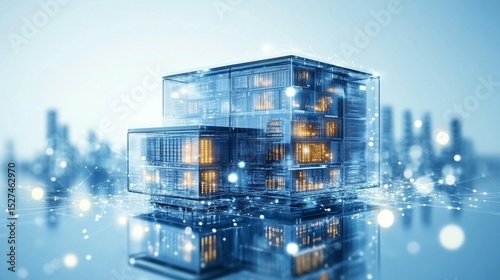 Futuristic, transparent, glass building structure, reflecting on water, with city skyline in the background. Complex internal network visible
