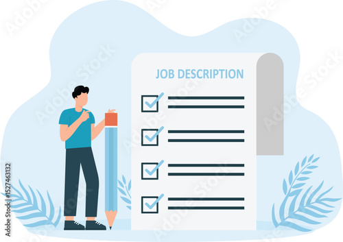 Job description and qualification and requirement for job position, working scope document and duty and responsibility for employment concept, businessman writing job description document.
